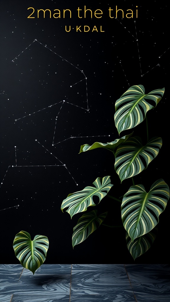 Monstera Thai Constellation plant with variegated leaves against a dark starry background