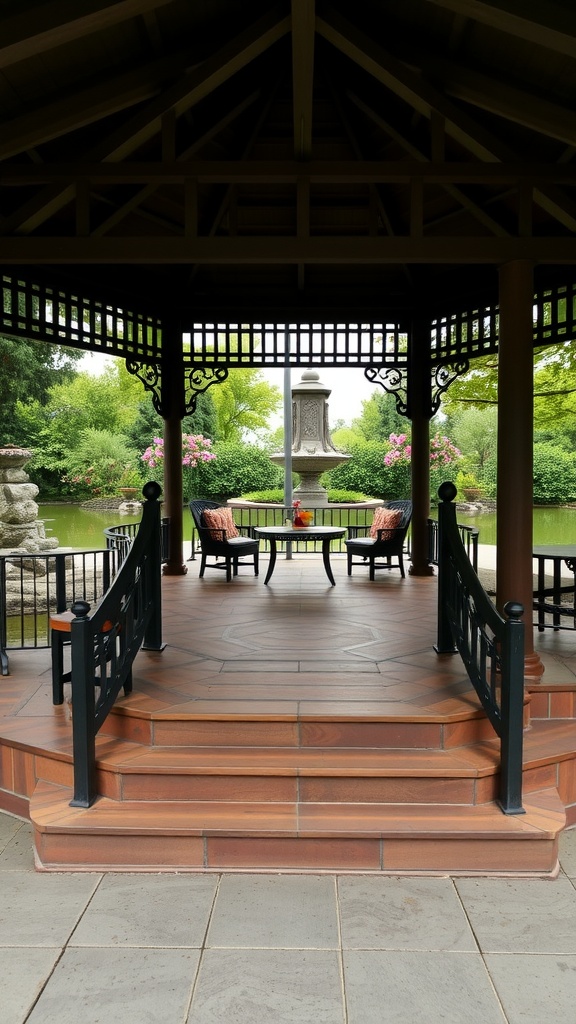 A multi-level gazebo overlooking a tranquil water body surrounded by greenery and flowers.