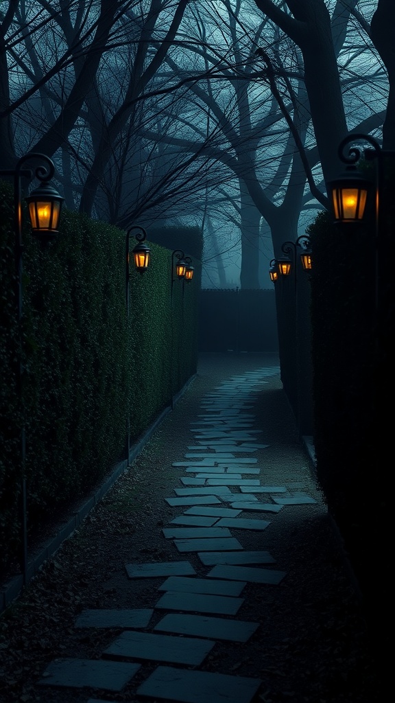 A misty garden pathway with lanterns and tall hedges