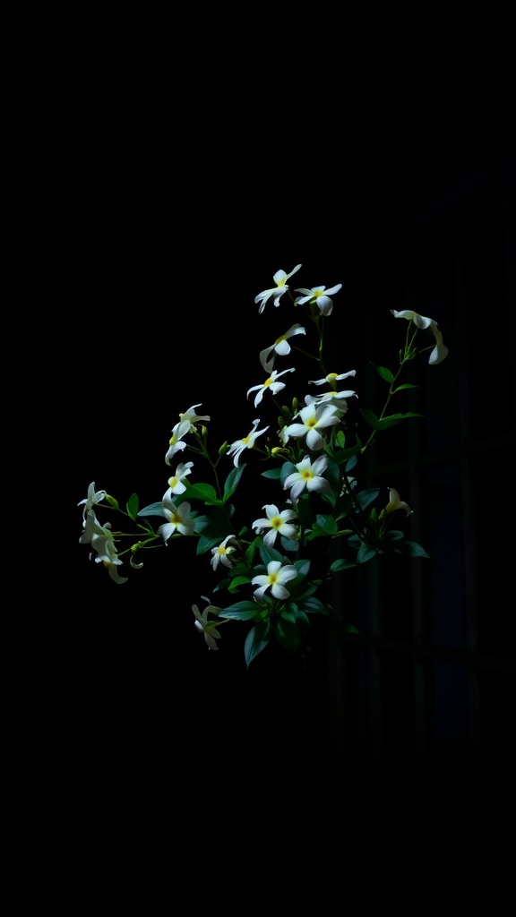 Night-blooming jasmine plant with delicate white flowers against a dark background.