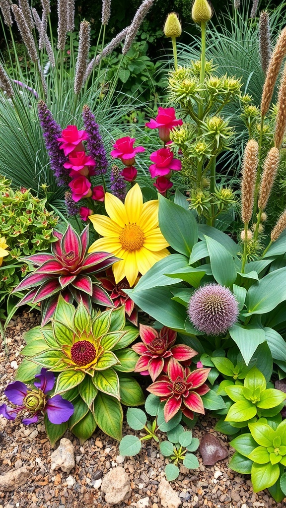 A vibrant arrangement of native plants in a rain garden, featuring colorful flowers and varied textures.