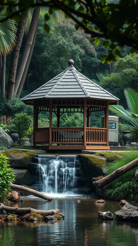 A wooden gazebo with a waterfall and lush greenery surrounding it.