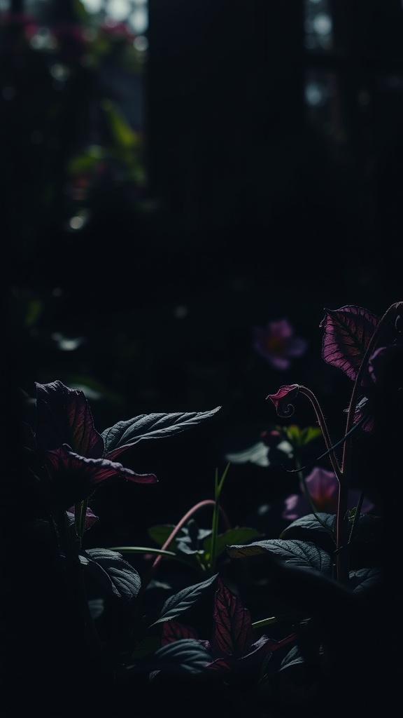 Close-up of dark nightshade leaves with a hint of purple, surrounded by other plants in low light.