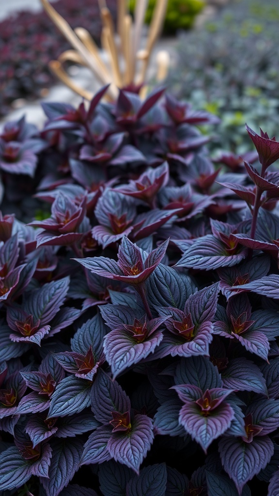 Close-up of Obsidian Heuchera foliage, showcasing dark purple leaves in a garden setting.
