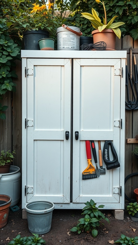 Outdoor storage cabinet with tools and potted plants
