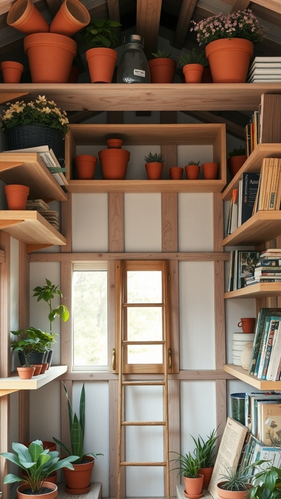 Overhead shelving units filled with terracotta pots and plants, alongside a wooden ladder in a garden shed.