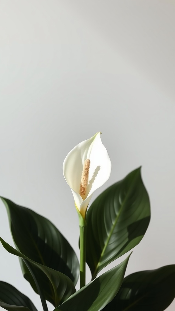 A Peace Lily with white blooms and lush green leaves, capturing its beauty and elegance.