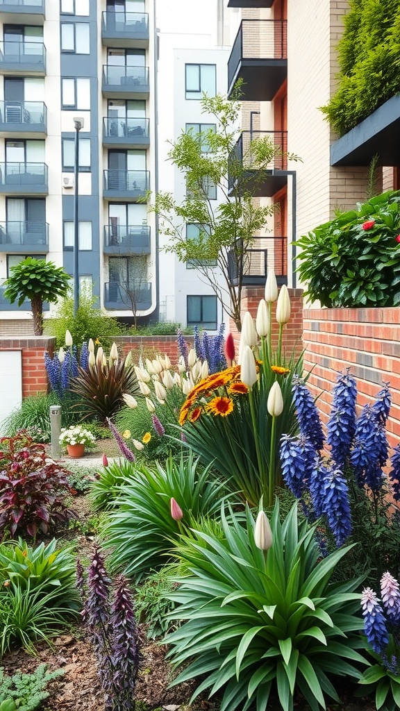 A vibrant garden featuring colorful flowers and lush greenery in a small space near buildings.