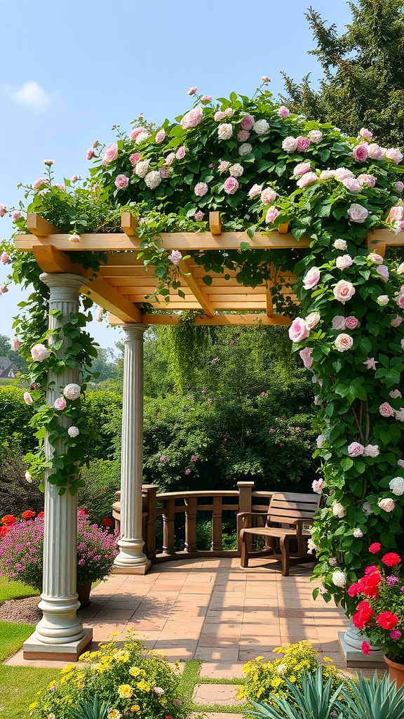 Pergola-style gazebo covered in climbing pink roses with a seating area
