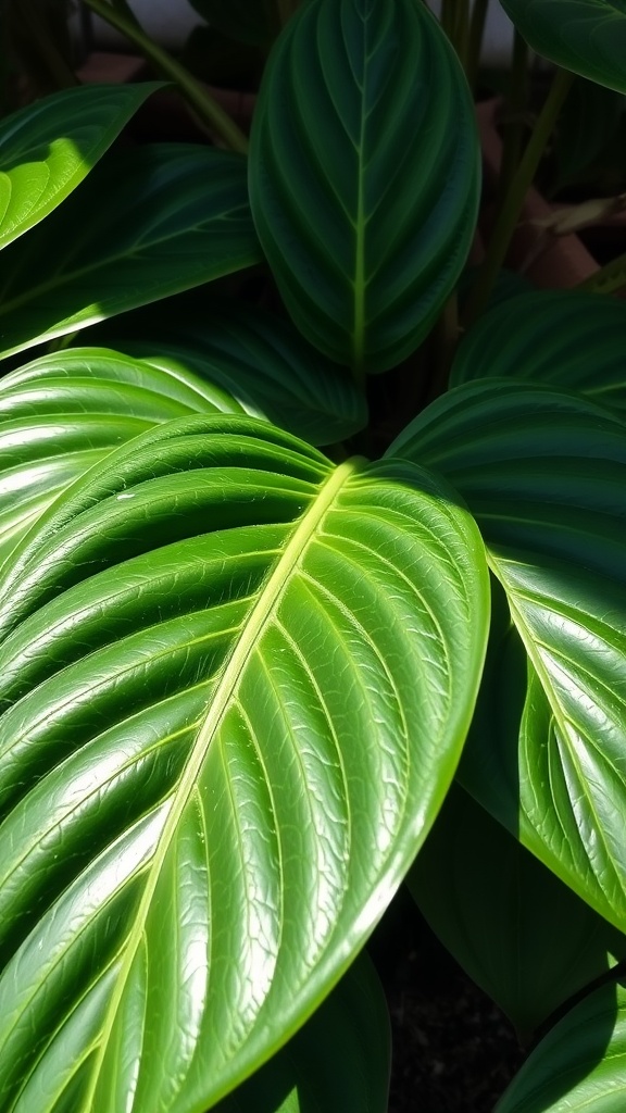 Close-up of Philodendron Dark Knight leaves showcasing their texture and vibrant green color.