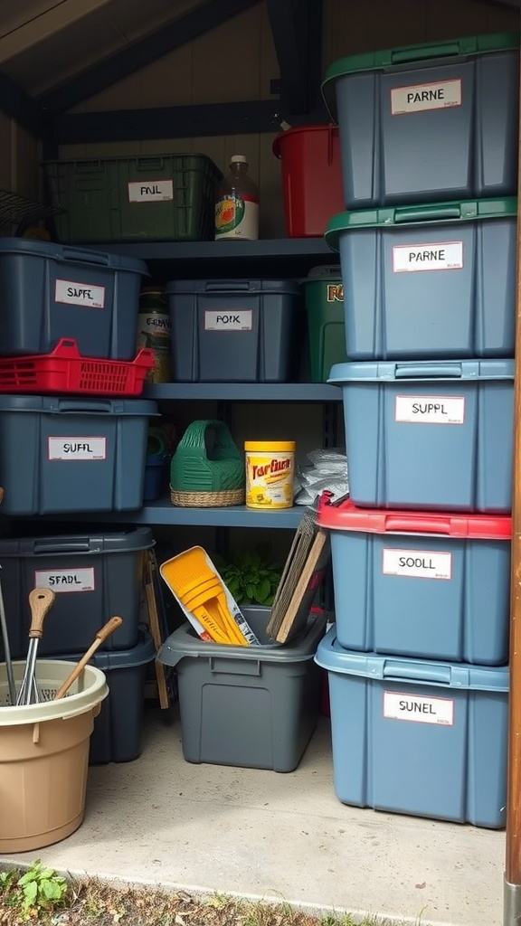 Shelves filled with organized plastic storage containers, labeled for easy access to garden supplies.