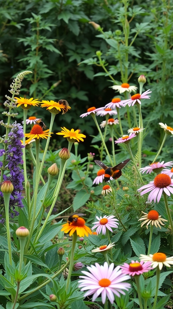 A vibrant garden filled with yellow, pink, and white flowers, buzzing with bees and butterflies.
