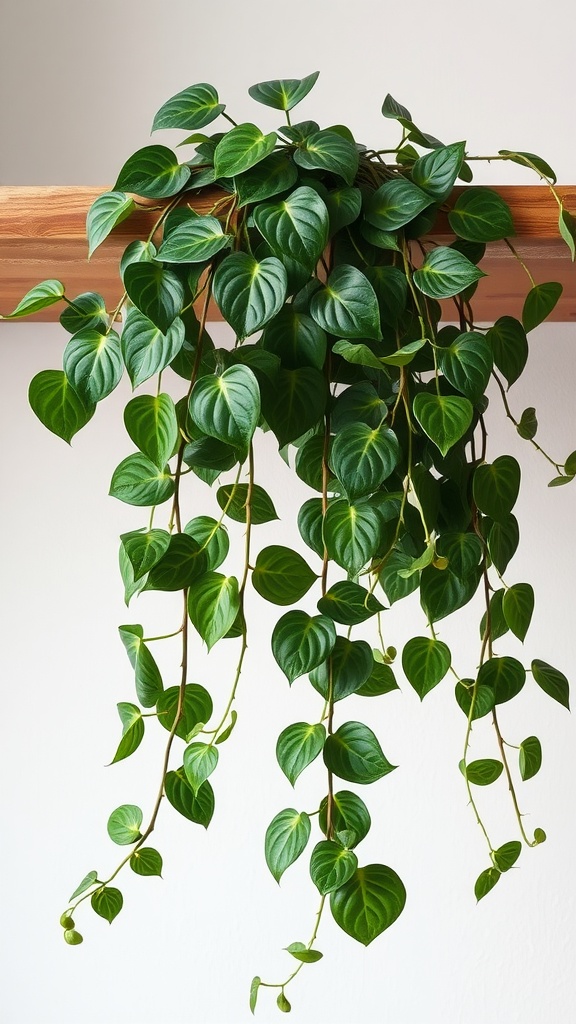 A pothos plant with variegated leaves cascading from a wooden shelf