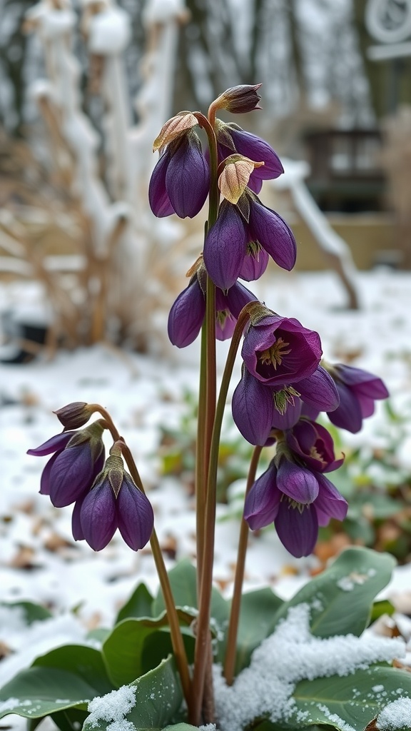 Purple hellebores blooming in a snowy garden setting
