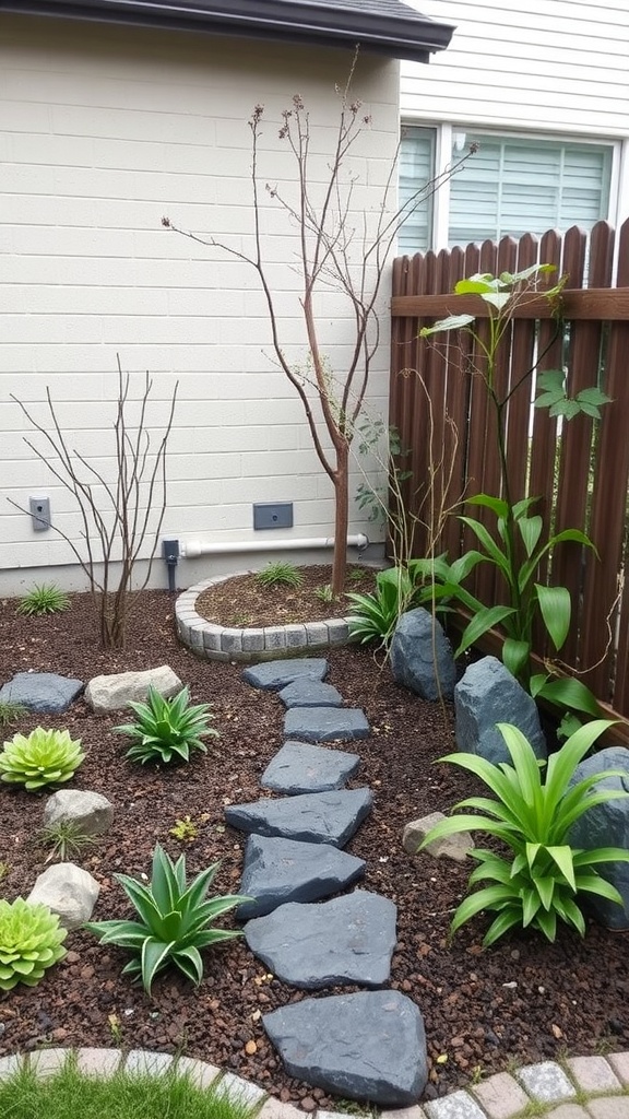 A small rain garden featuring a stone pathway, various plants, and decorative rocks.