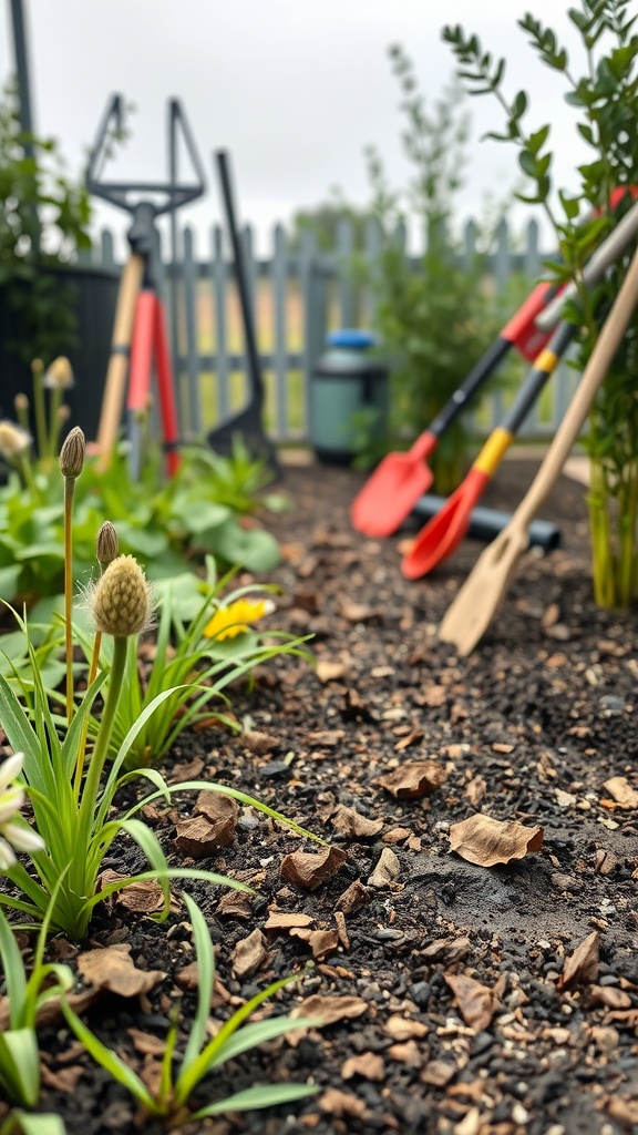 A rain garden setup with gardening tools and young plants ready for maintenance.