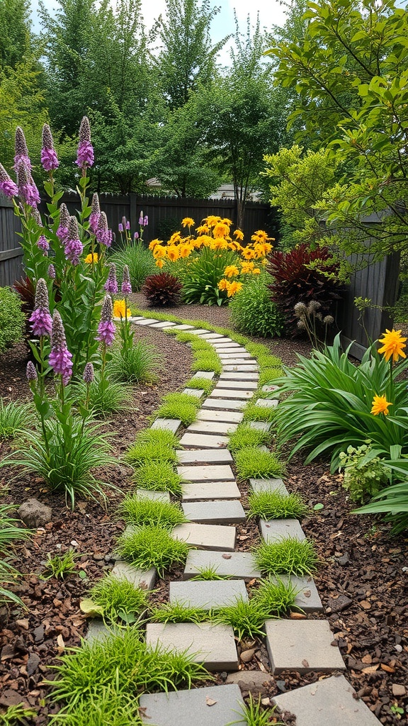 A winding stone path surrounded by colorful flowers and greenery in a rain garden.