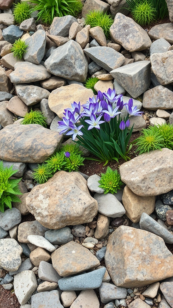 A rock garden featuring purple flowers among various stones and greenery.