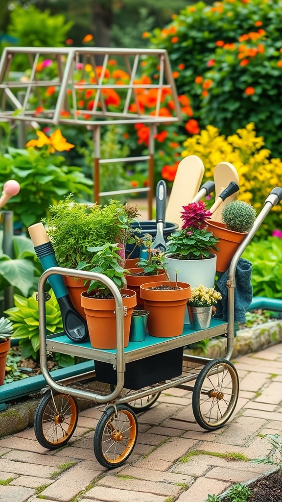 A colorful rolling garden cart filled with potted plants and gardening tools in a vibrant garden.