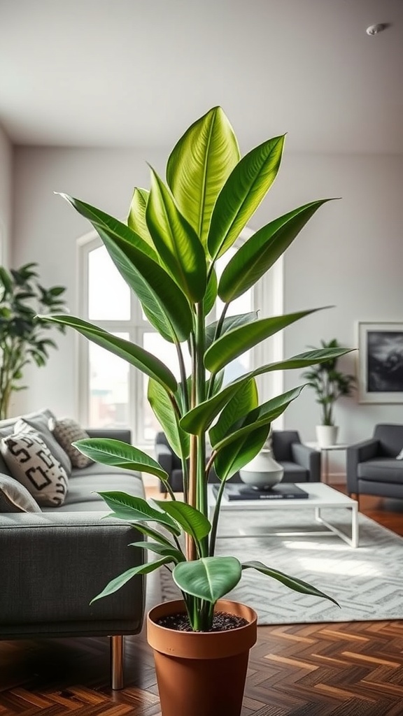 A rubber plant in a modern living room with gray furniture and bright natural light.