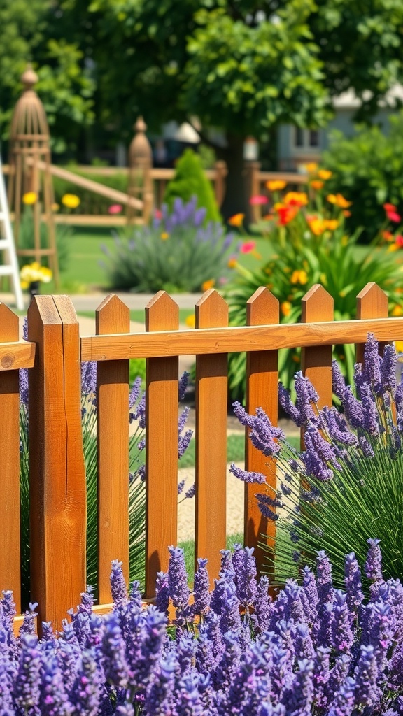A rustic wooden fence surrounds a vibrant lavender border in a garden.