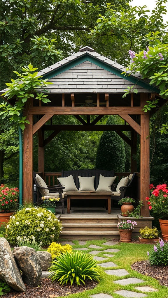 A rustic wooden gazebo surrounded by lush greenery and colorful flower beds, featuring comfortable seating.