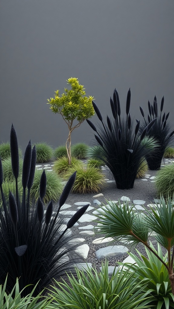 A modern garden featuring sculptural black plants among green foliage.