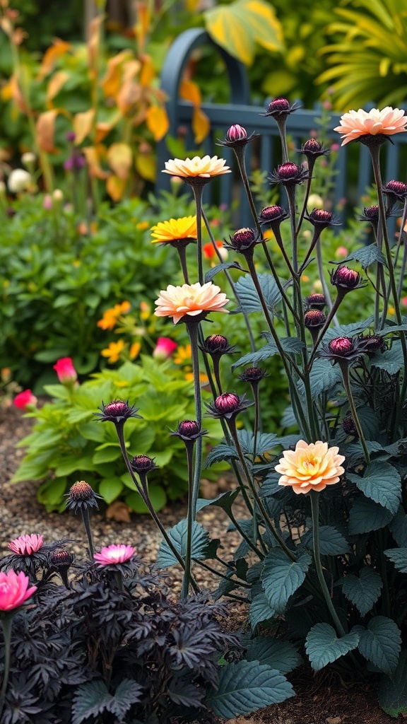 A colorful garden featuring black plants with vibrant flowers.