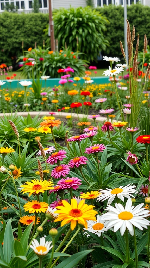 A vibrant rain garden filled with colorful flowers, showcasing seasonal blooms in various shades.