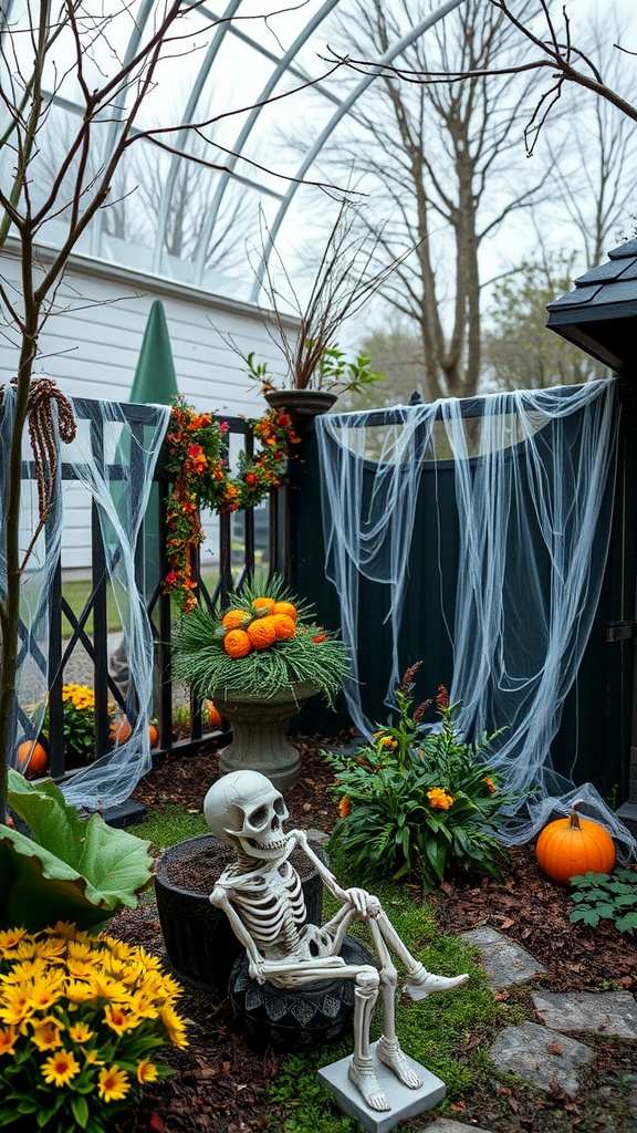 A gothic garden with a skeleton, pumpkins, flowers and spider web decorations.