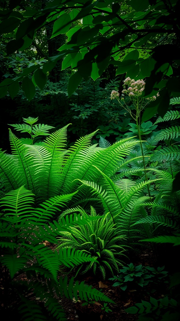 Lush green ferns and delicate flowers in a shaded garden