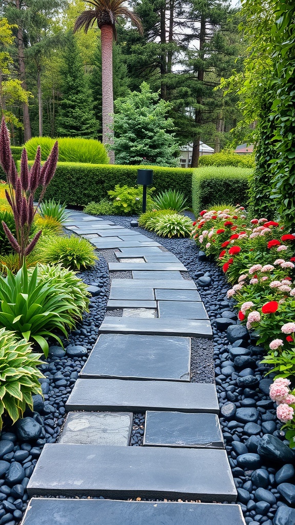 Modern garden pathway lined with black stones and colorful plants
