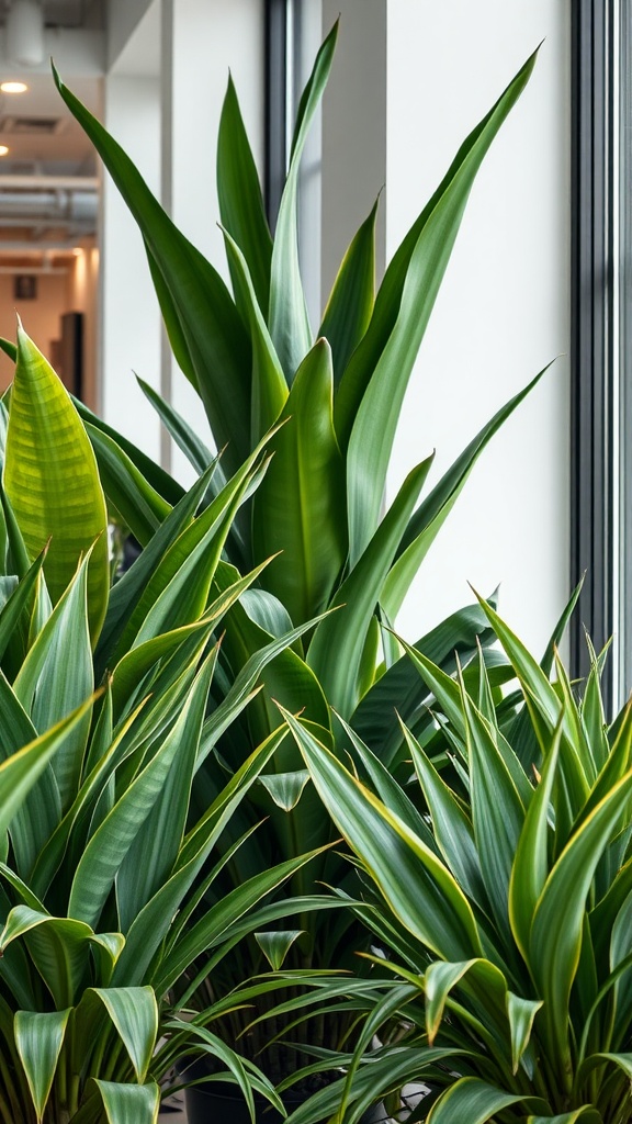 Variety of snake plants with tall green leaves in a bright indoor setting