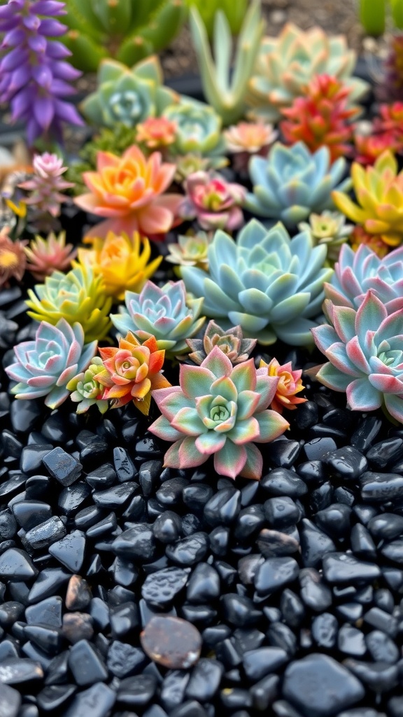 A vibrant succulent garden with various colorful succulents set against a bed of black pebbles.