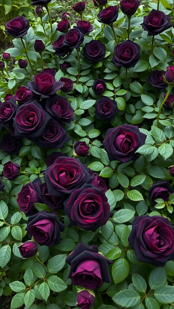 A garden filled with dark purple and black roses surrounded by green leaves.