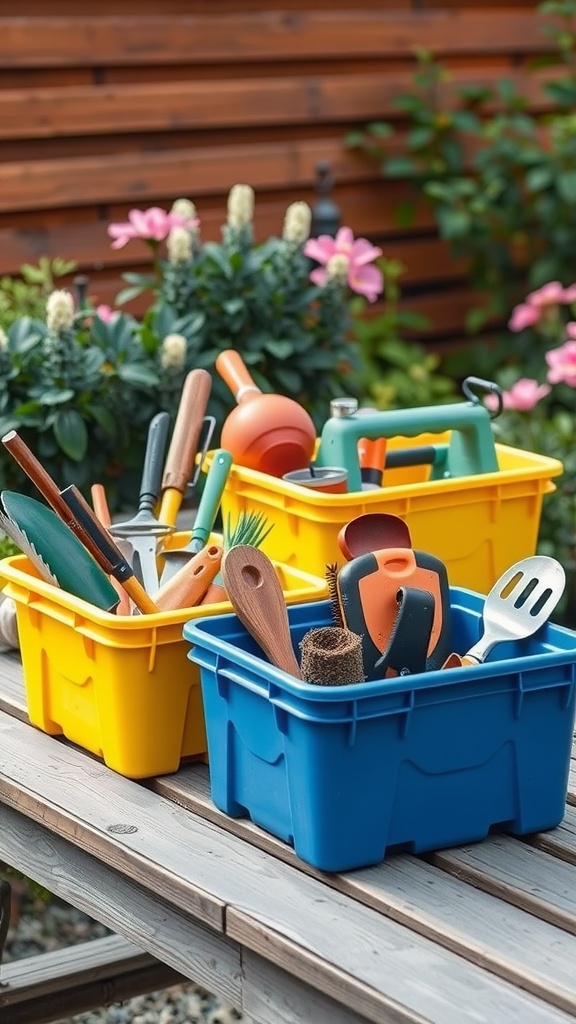 Colorful tool totes filled with gardening tools on a wooden table