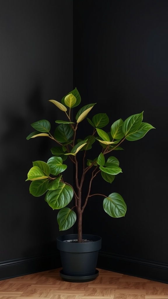 A Fiddle Leaf Fig plant in a stylish black pot.