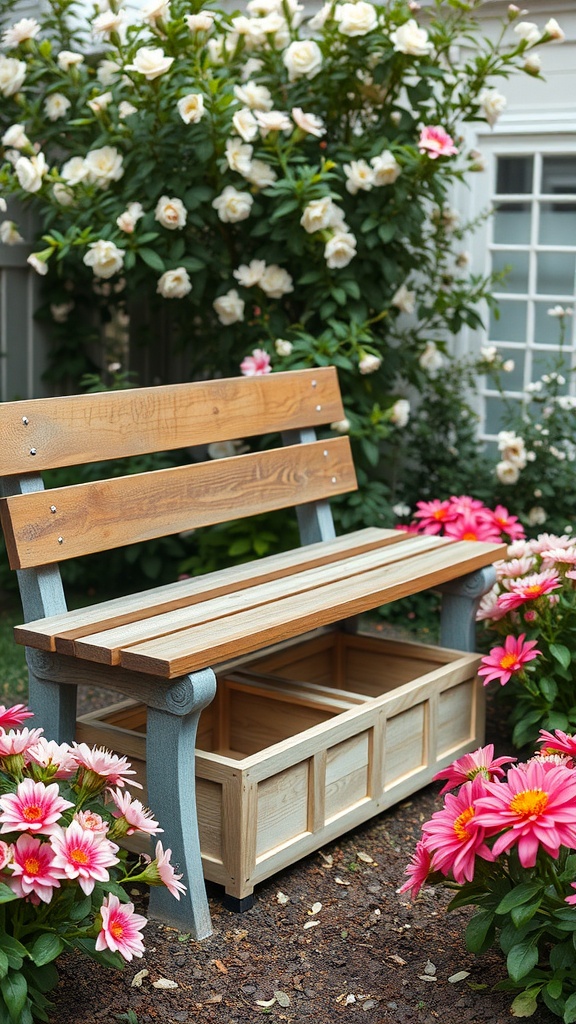 A wooden bench with storage underneath, surrounded by colorful flowers in a garden.