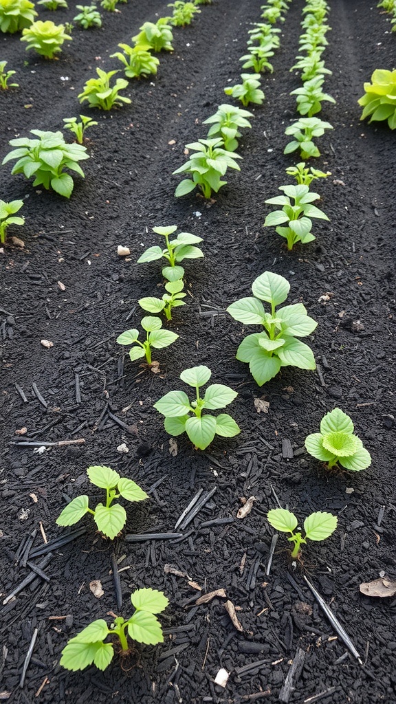 Rows of green vegetable plants growing through black mulch in a garden.