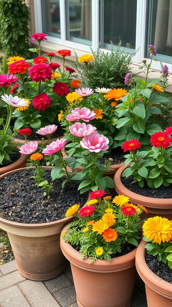 Colorful flowers in terracotta pots with black mulch.