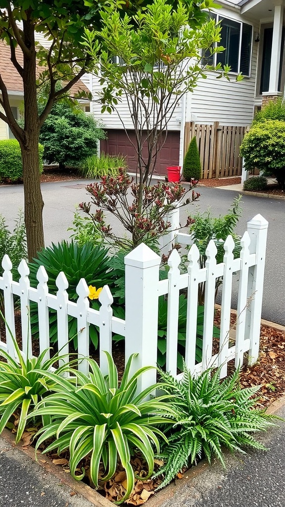 A decorative white picket fence surrounding lush green plants and a small tree in a driveway garden.