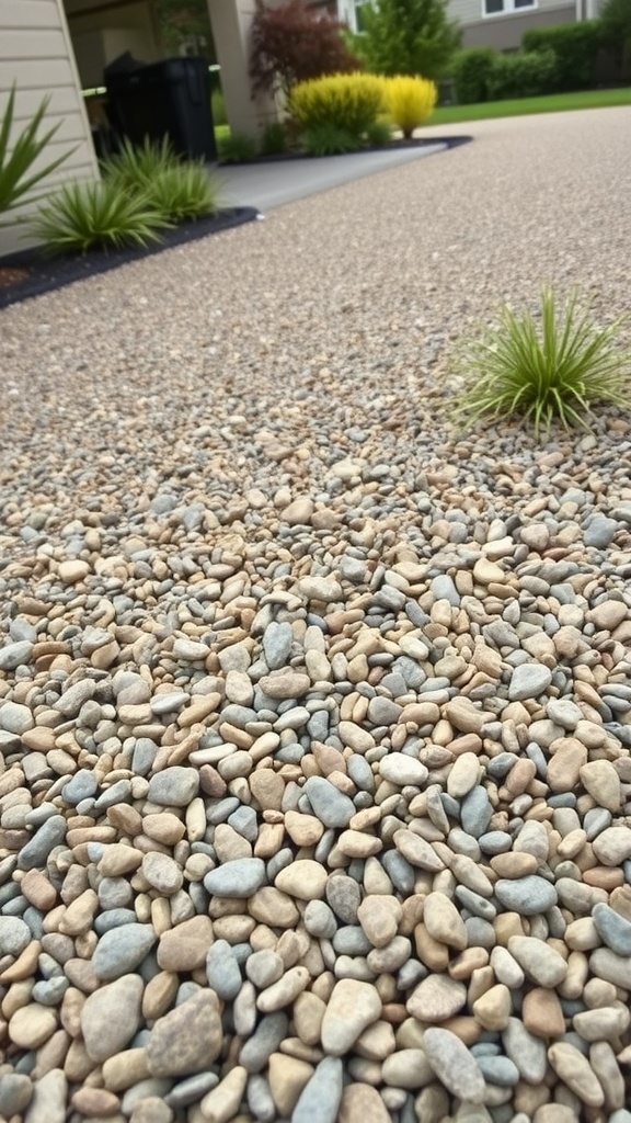 A close-up view of a decorative gravel driveway with small pebbles and surrounding plants.
