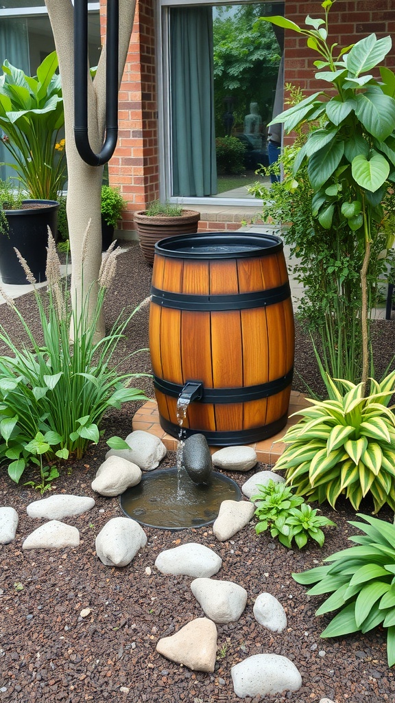 A wooden rain barrel in a garden, capturing rainwater, surrounded by plants and decorative stones.