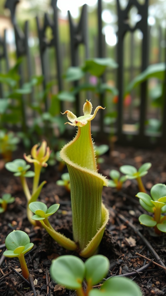 A Venus Flytrap surrounded by green leaves, set against a black fence in a garden.