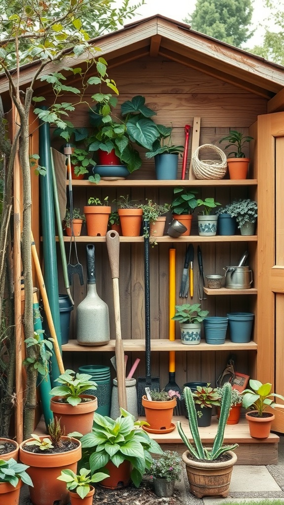 A neatly organized vertical garden shed with shelves filled with potted plants and gardening tools.