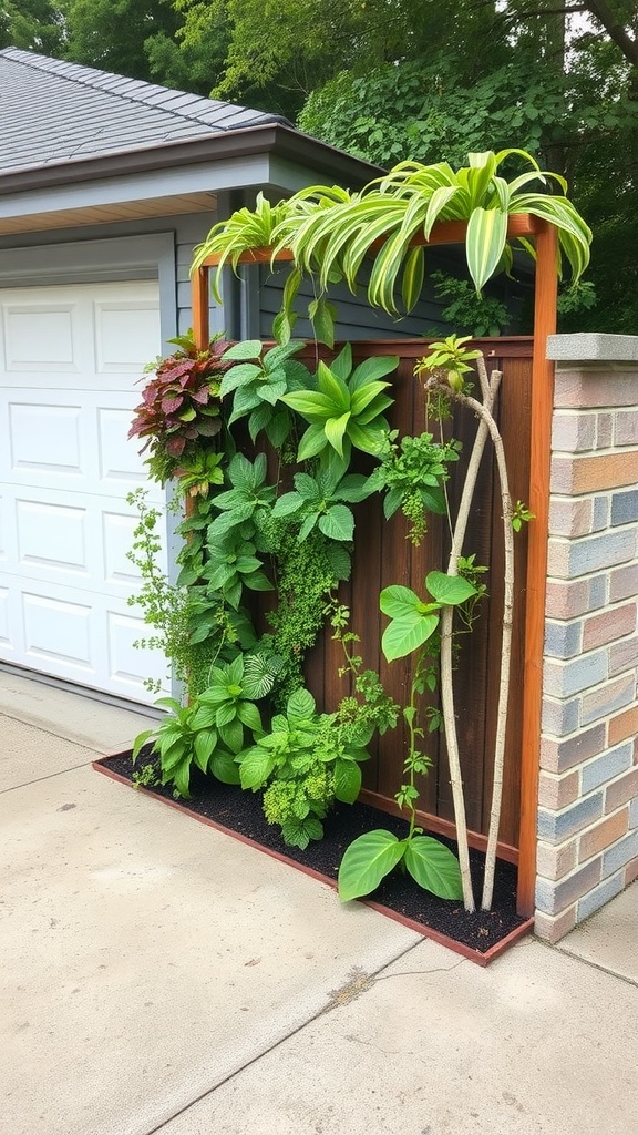 Vertical garden setup next to a garage, showcasing a variety of lush plants.