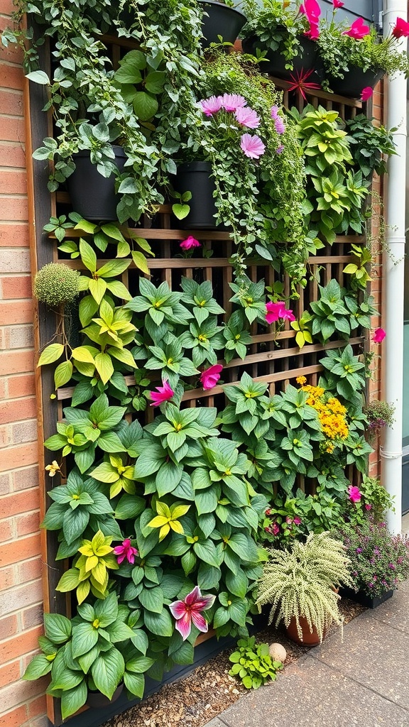 Vertical garden with a wooden trellis filled with various green plants and colorful flowers.
