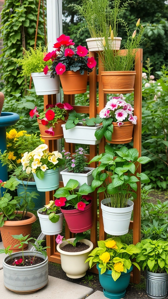 A wooden vertical planter filled with colorful flowers and plants, showcasing efficient space use in a garden.