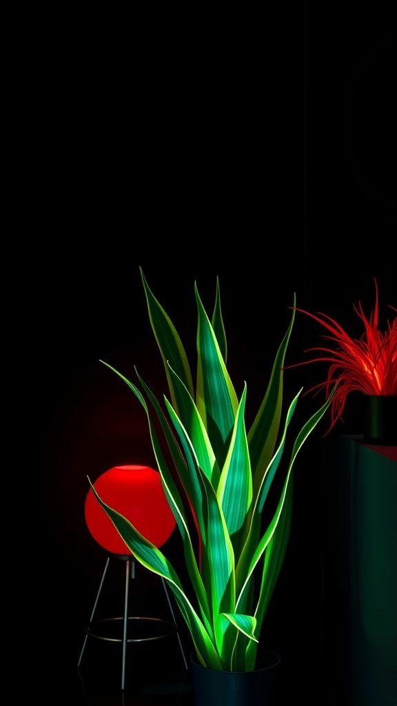 A striking arrangement of a snake plant with neon accents.