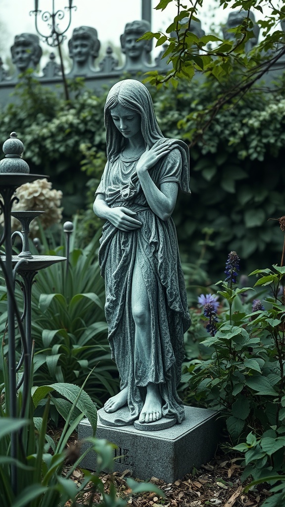 A serene Victorian garden statue of a woman draped in flowing garments, surrounded by lush greenery.